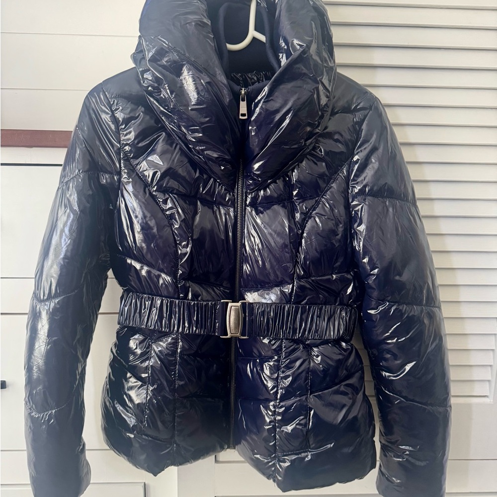 Women's Shiny Navy Blue Puffer Jacket With Belt